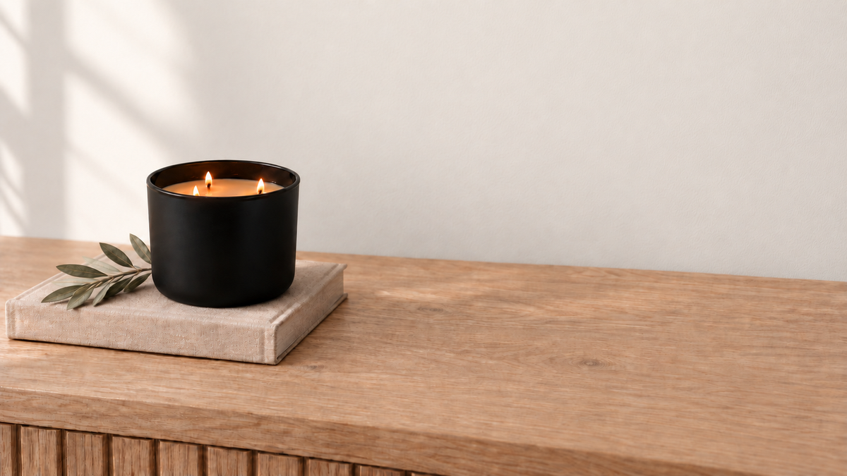 a styled wood table with a tan journal placed to the left with olive leaf and a matte black 3 wick candle sittting on the top of it.