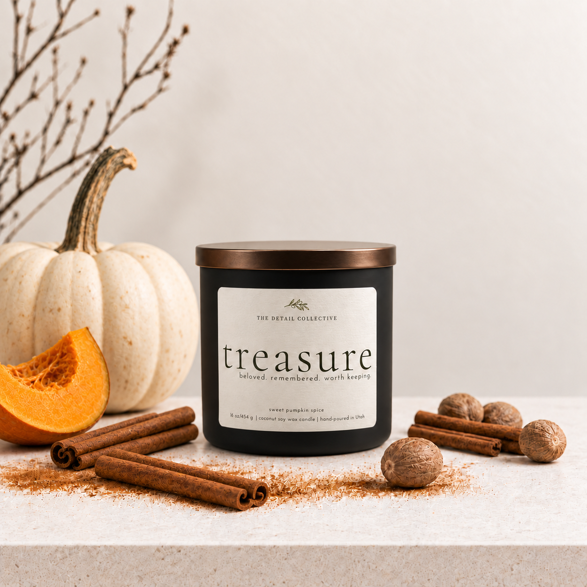A black glass candle jar with a metallic bronze lid and a white label reading 'treasure' by The Detail Collective, styled on a light stone surface with cinnamon sticks, whole spices, pumpkin seeds, a sliced orange pumpkin, and a small white pumpkin against a soft neutral background.