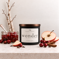 A black candle jar with a white label reading 'wonder' and 'The Scented Collection' is styled on a light stone surface with sliced red apple, whole cranberries, cinnamon sticks, and birch branches around it.