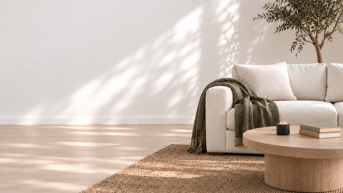 living room with ivory couch, olive blanket drapped over the armrest, with olive tree behind the couch.  There is a natural fiber rug on a wood floor and white wall in the background.  There is a wood table with lit 3 wick black candle and a tan and green hardbound book on the top.